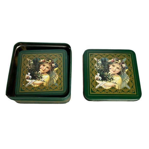 Vintage 1986 Enesco Christmas Greetings Angel Tin Box Cork Backed Coasters set - Picture 6 of 8